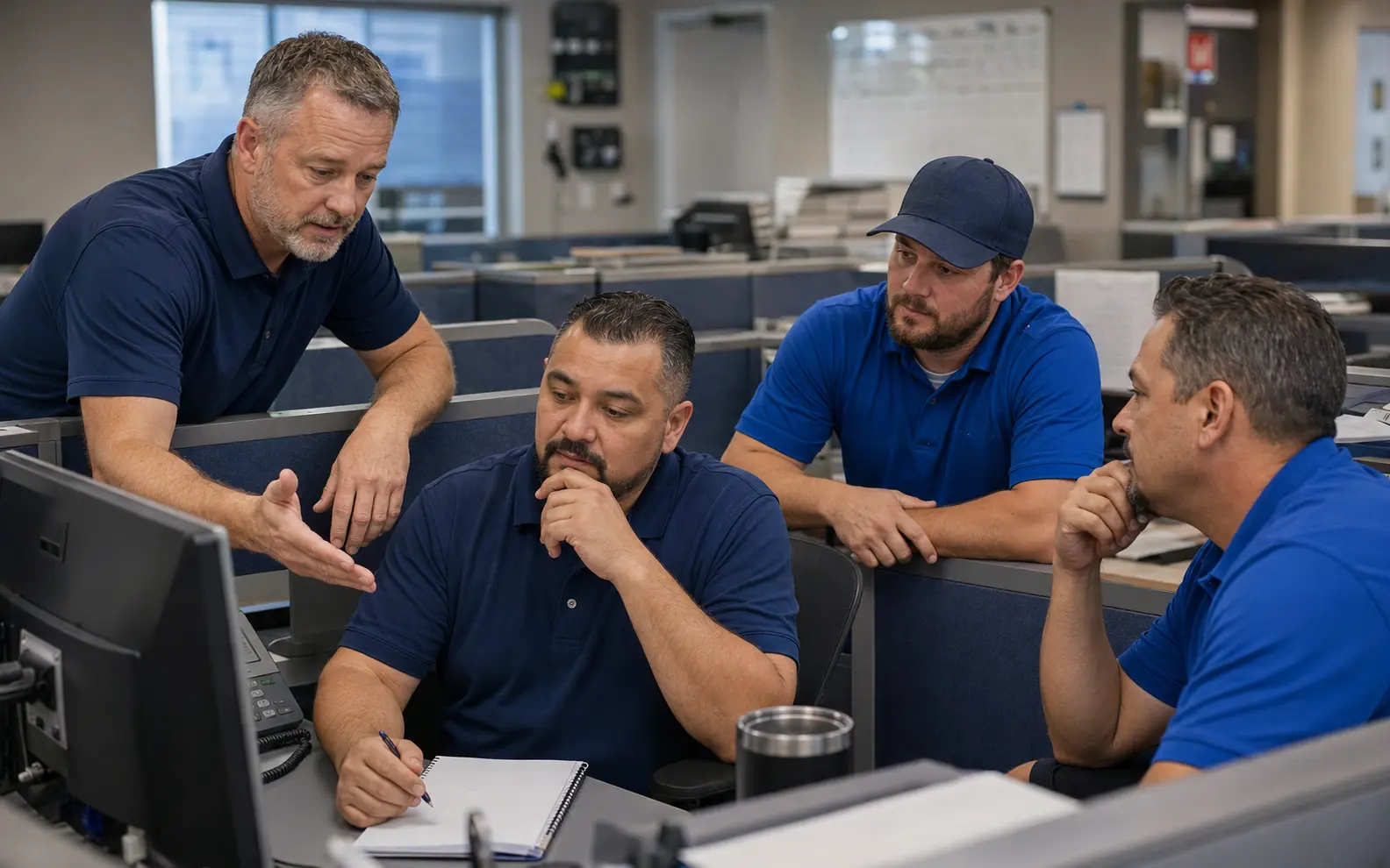 A facilitator coaching several managers beside their workstations