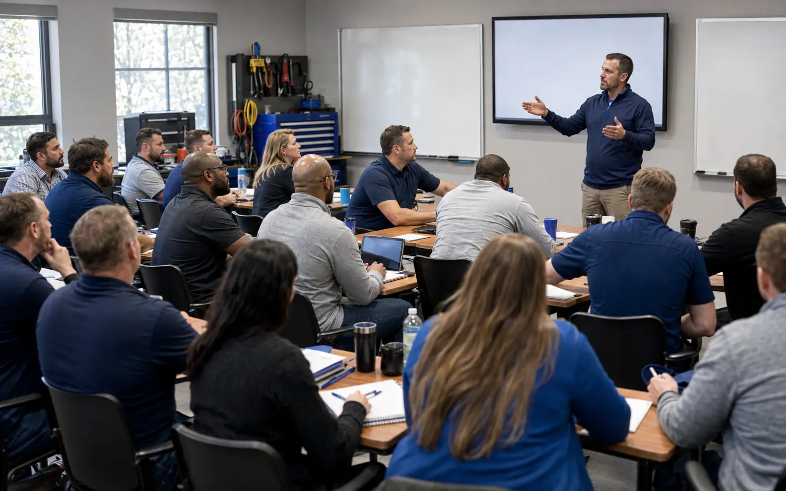 A facilitator leading an onsite seminar for a group of fifteen service managers