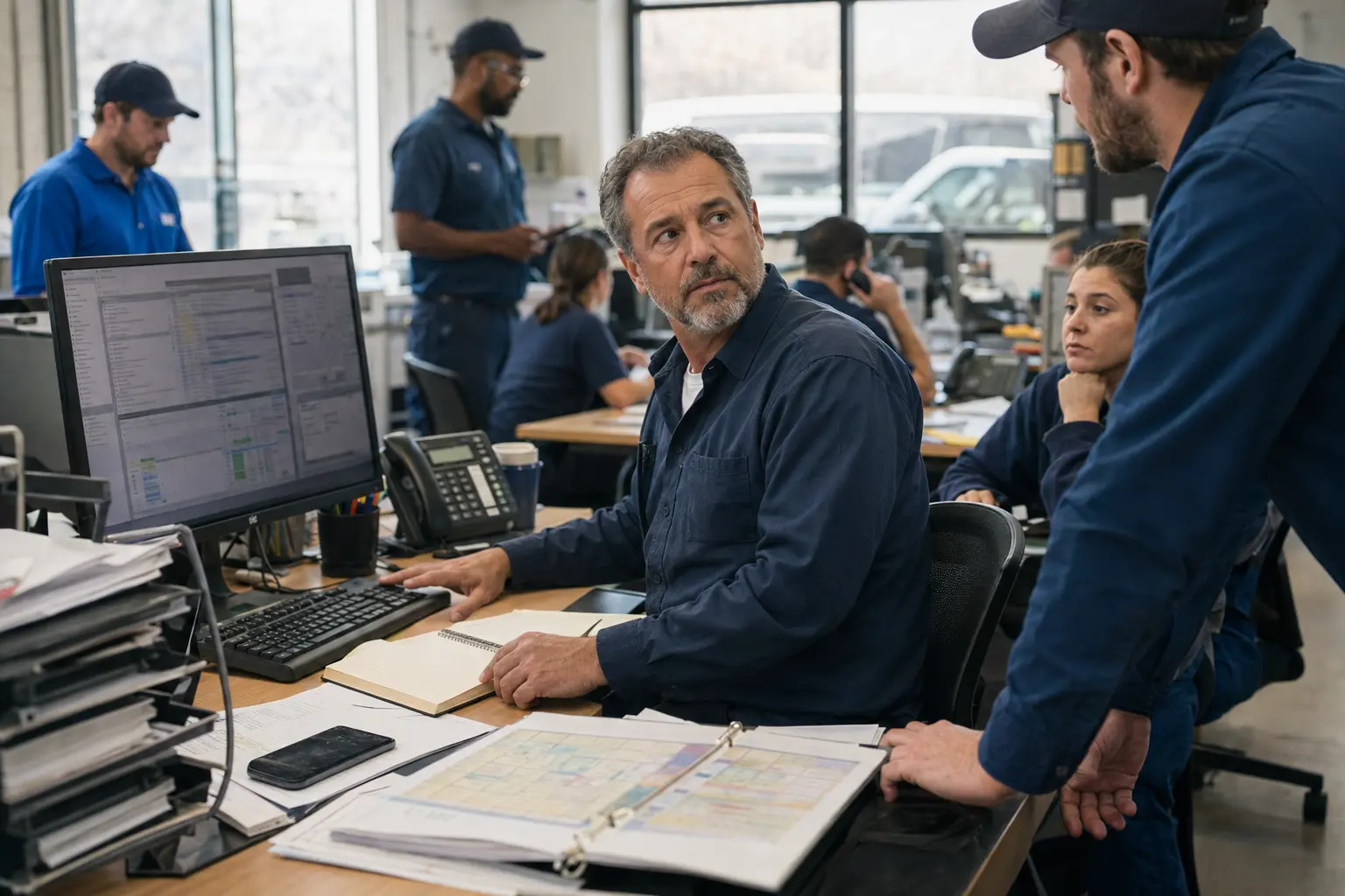 An experienced service leader at a computer prioritizing administrative work while team members need coaching