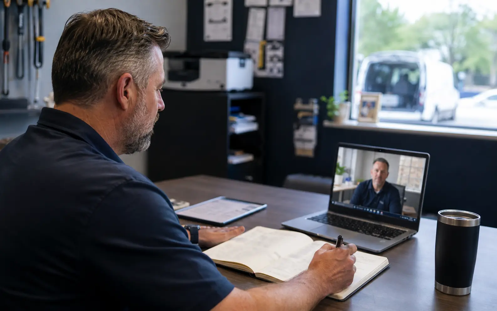 An experienced leader reviewing commitments during an ongoing virtual coaching session