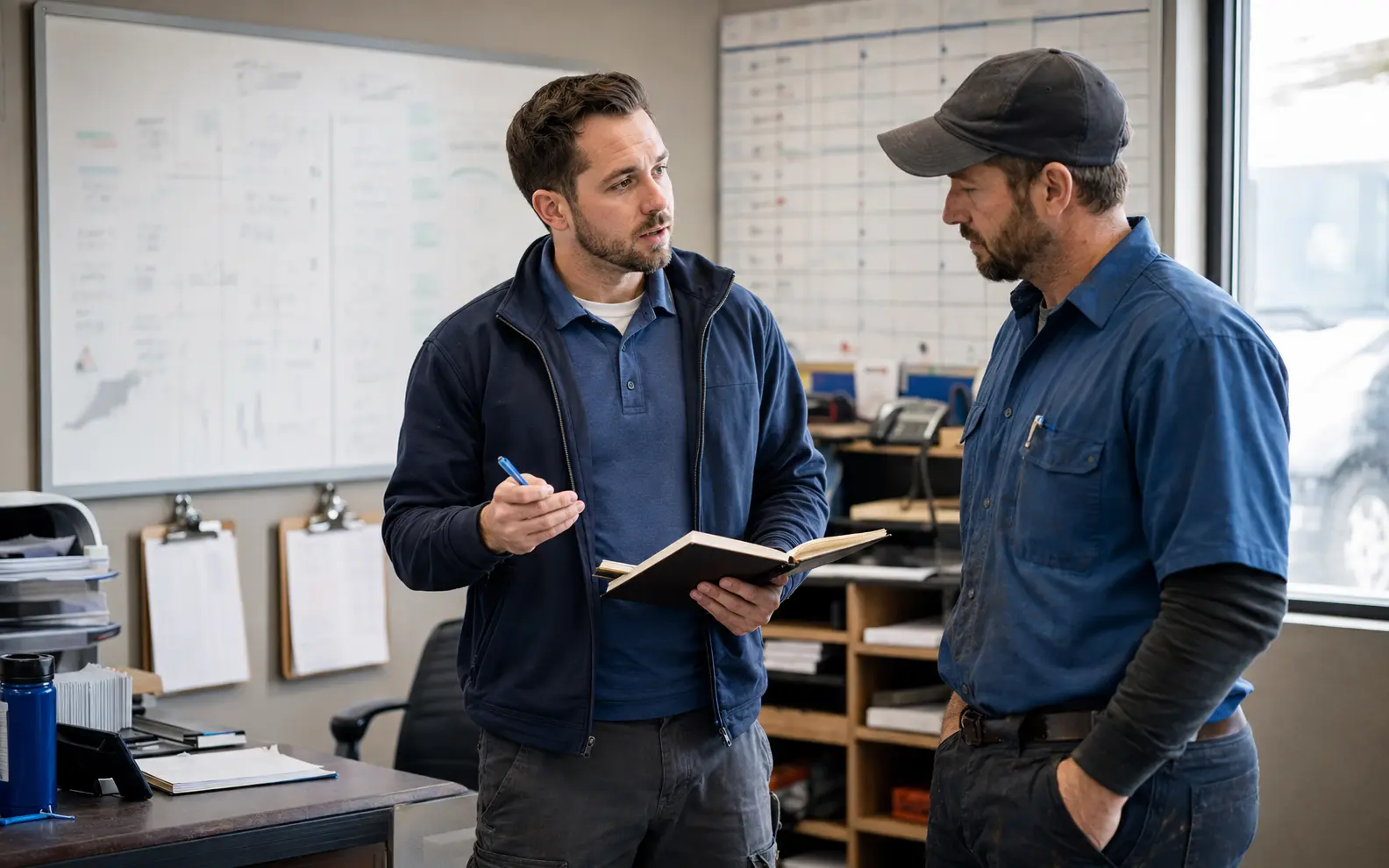 A recently promoted service manager learning to coach a technician