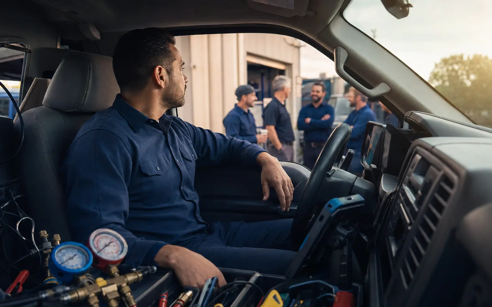 A service technician in a work truck considering a future move into supervision